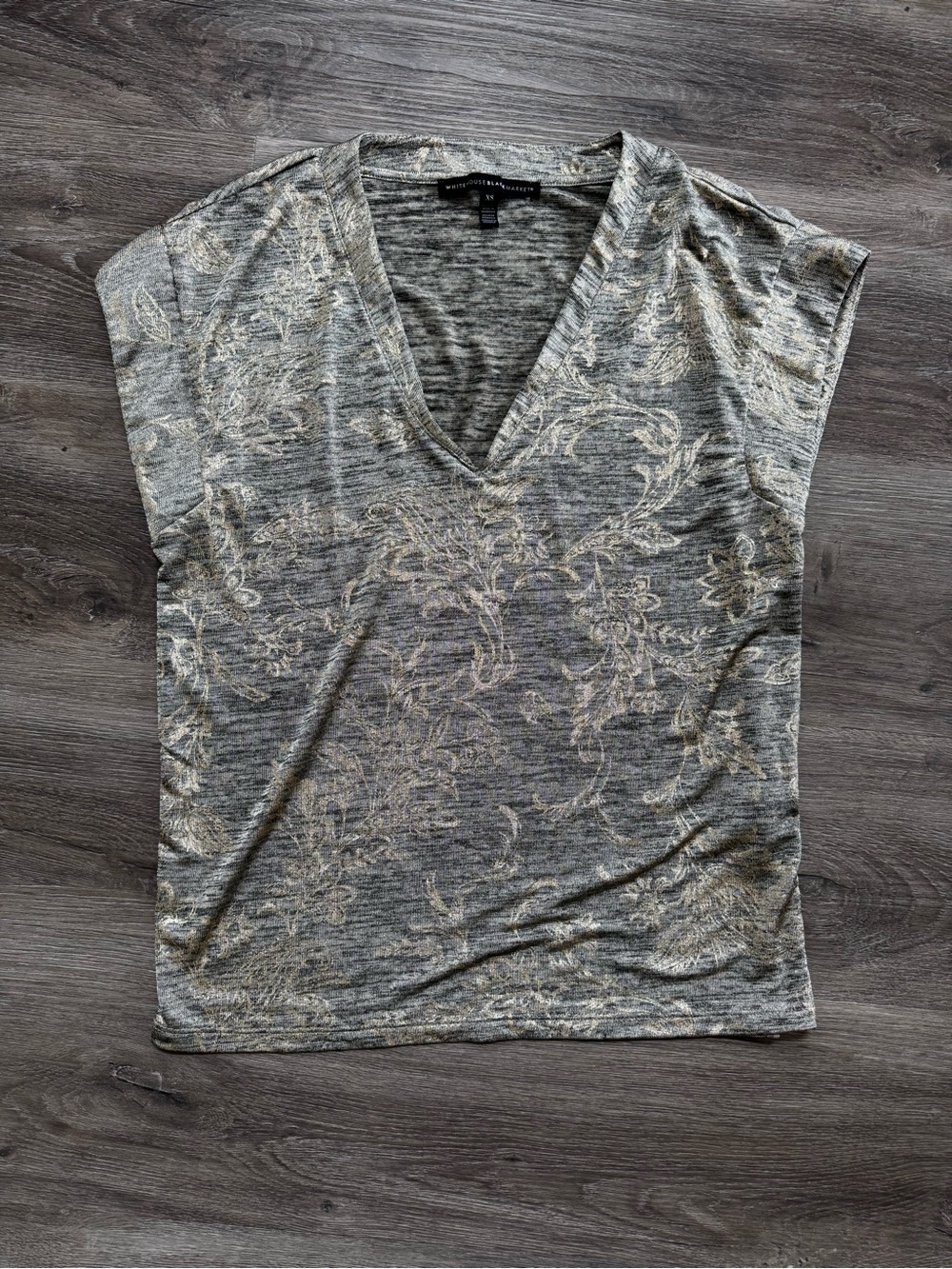WHBM Green Gray Gold Foil Burnout V Neck Top T Shirt XS
